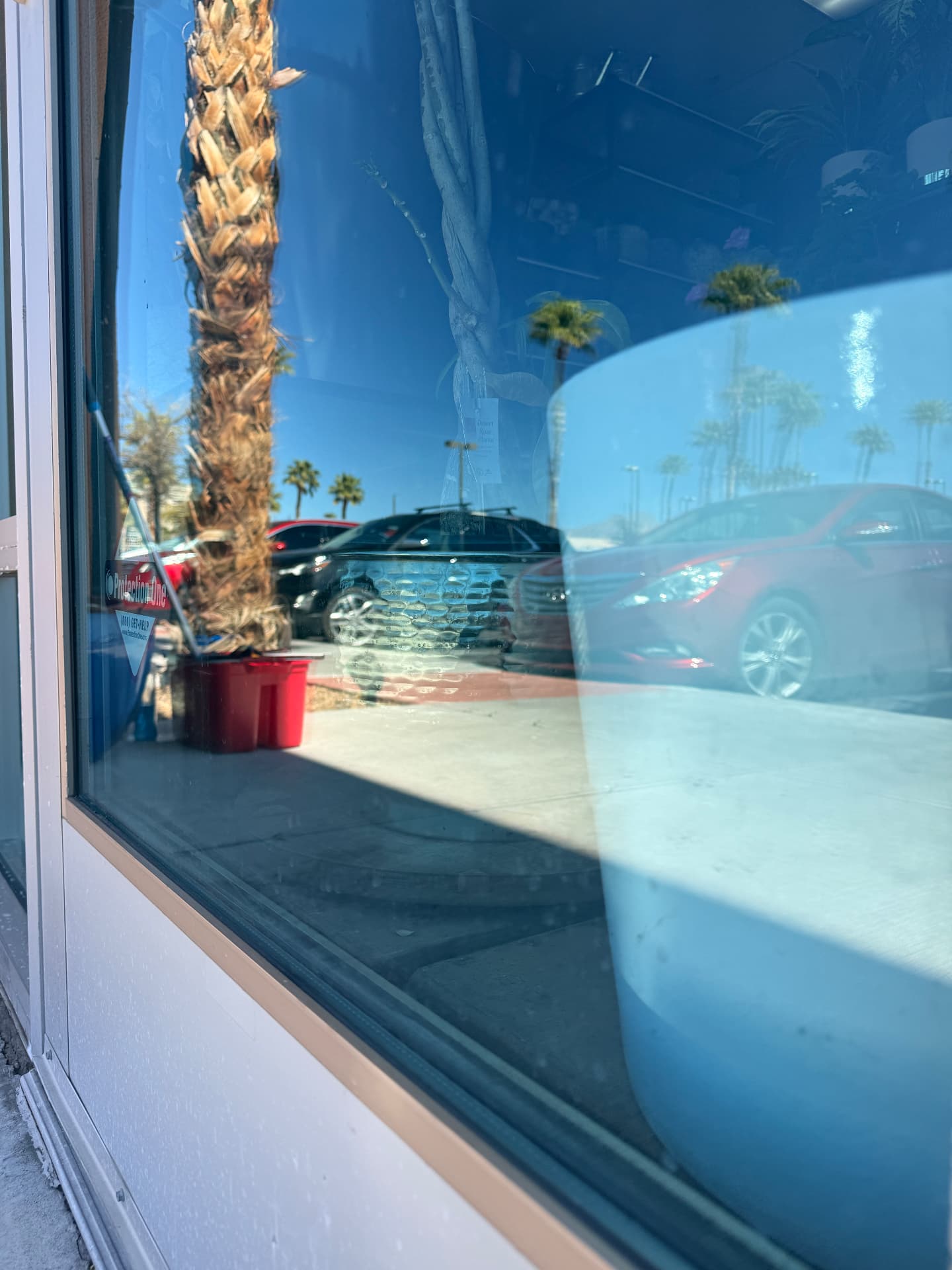 Freshly cleaned storefront glass in bright sun