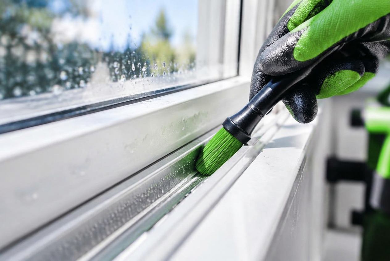 Close-up of a window track being brushed clean during a professional detailing service