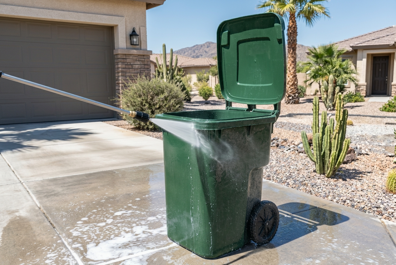 Pressure washing nozzle cleaning a green trash bin with its lid open on a driveway